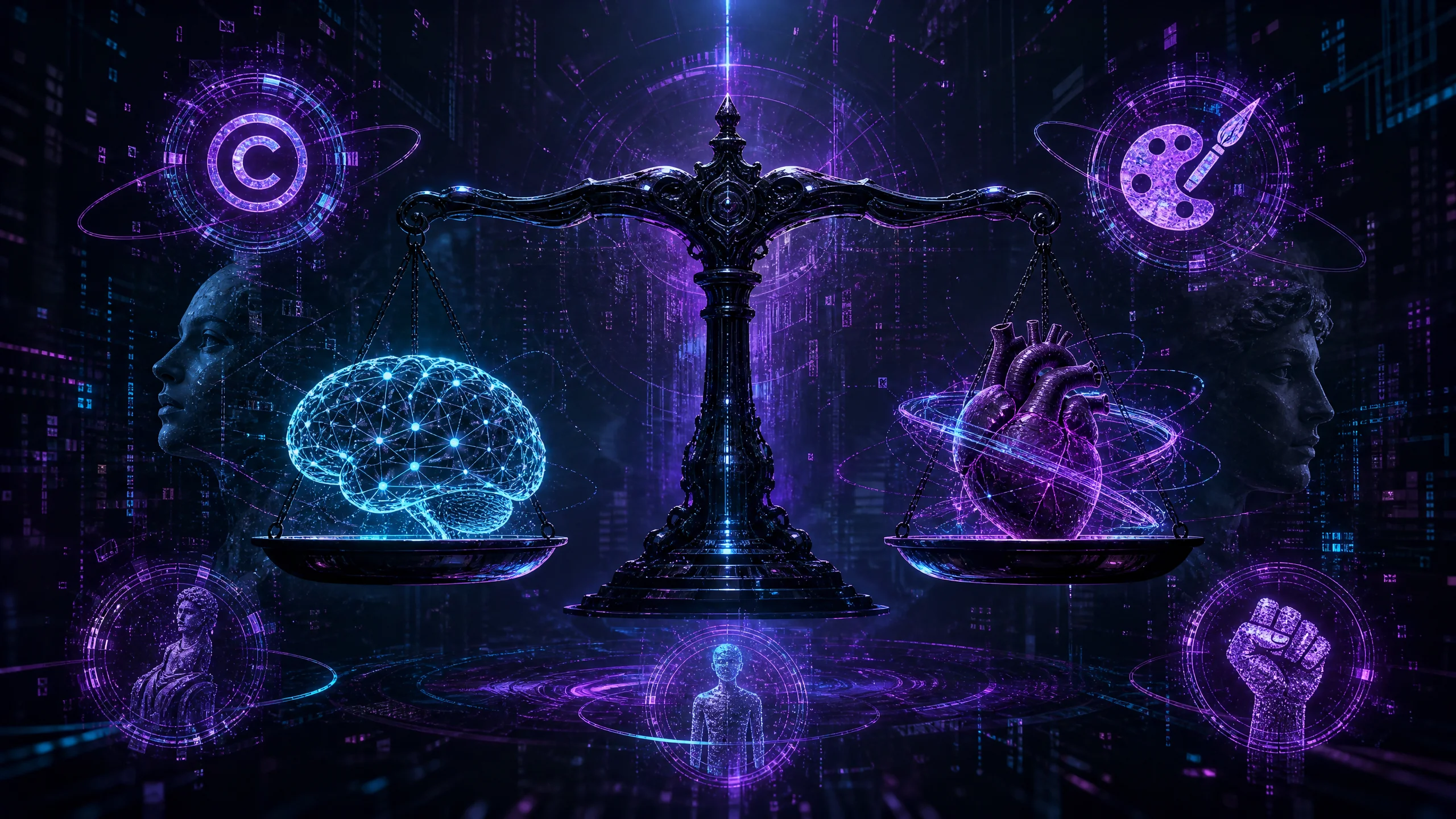 AI绘画版权与伦理问题的天平象征图展示技术与人文的平衡
